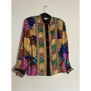 STARINGTON VINTAGE BLOUSE Sz 8 W/ Matching Belt 100% Silk Multicolor Button Down